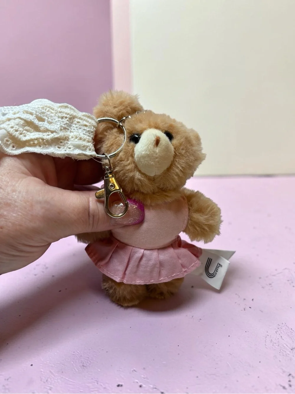 brown teddy bear keychain with blue bow/pink & white lace and pearl chain